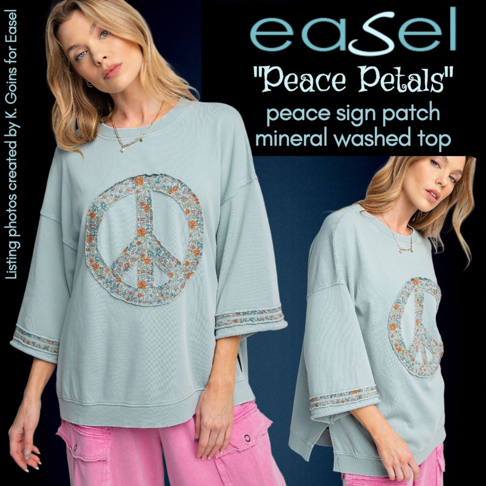 EASEL "Peace Petals" LAST ONE! Cotton Top Side Slits Peace Sign Patch Raw Seams